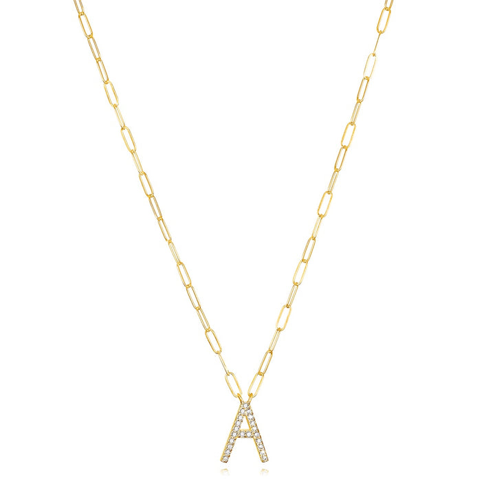 Grand Diamond Paperclip Initial Necklace-A