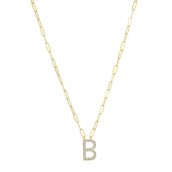 Grand Diamond Paperclip Initial Necklace-B