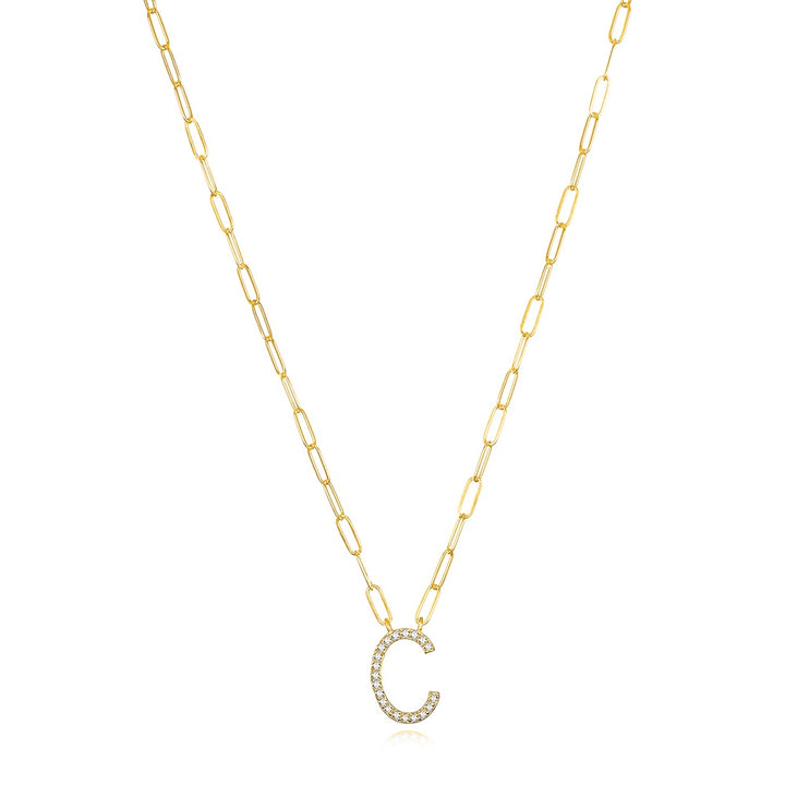 Grand Diamond Paperclip Initial Necklace-C