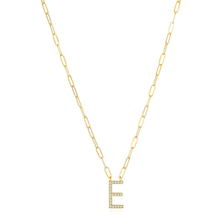 Grand Diamond Paperclip Initial Necklace-E