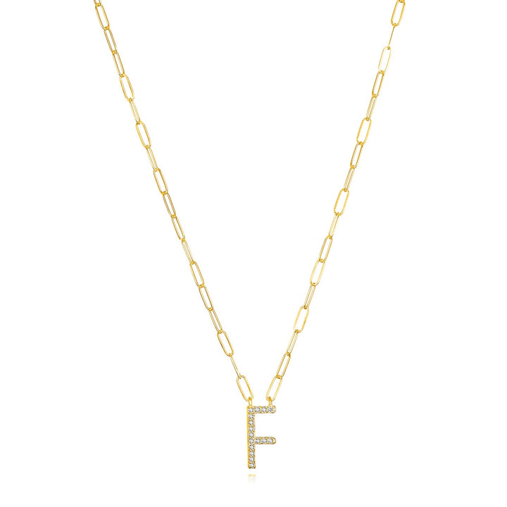 Grand Diamond Paperclip Initial Necklace-F