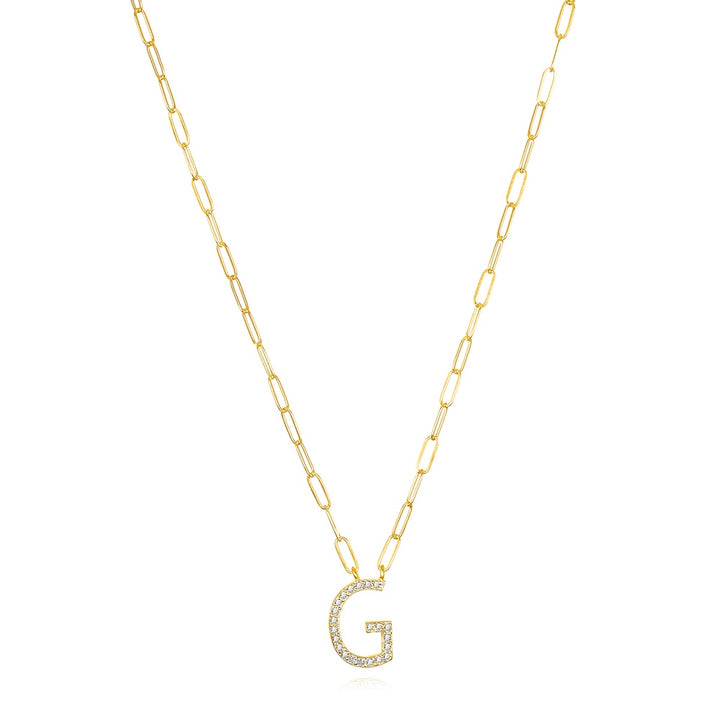 Grand Diamond Paperclip Initial Necklace-G