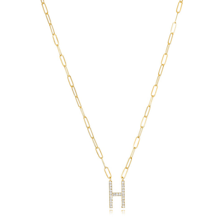 Grand Diamond Paperclip Initial Necklace-H