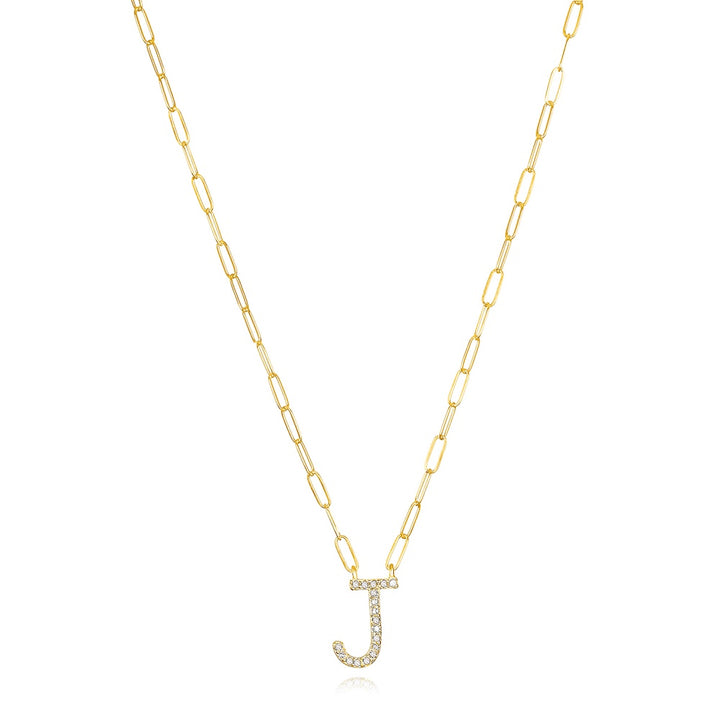 Grand Diamond Paperclip Initial Necklace-J