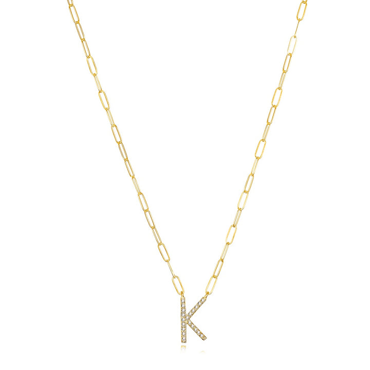 Grand Diamond Paperclip Initial Necklace-K