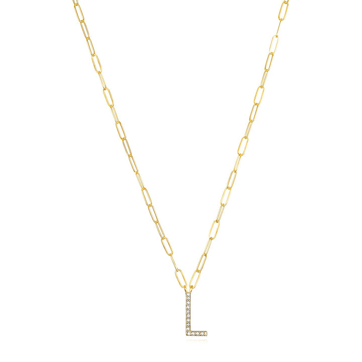 Grand Diamond Paperclip Initial Necklace-L