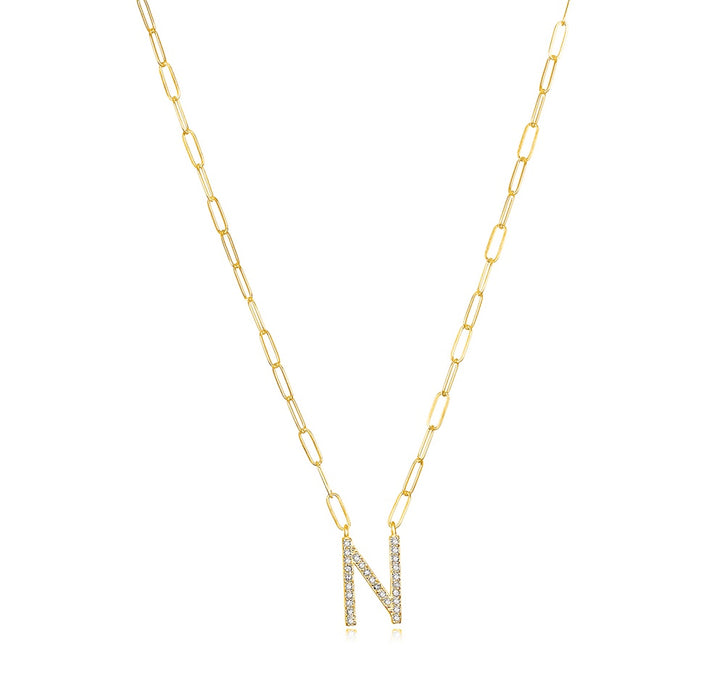 Grand Diamond Paperclip Initial Necklace-N