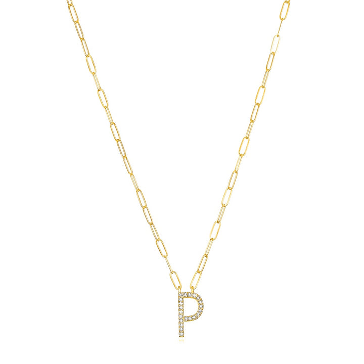 Grand Diamond Paperclip Initial Necklace-P