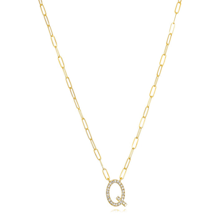 Grand Diamond Paperclip Initial Necklace-Q