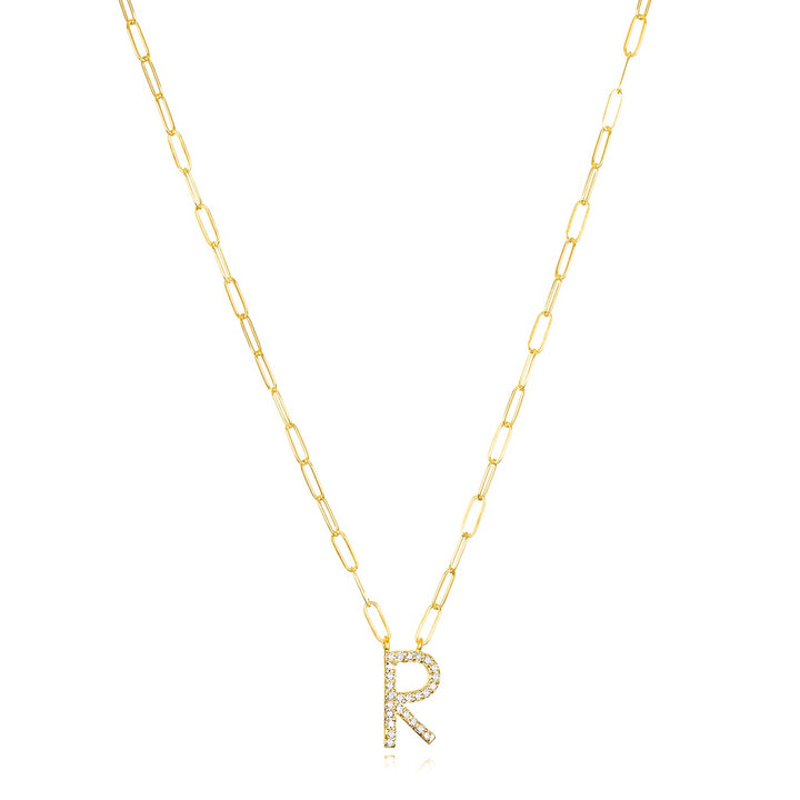 Grand Diamond Paperclip Initial Necklace-R