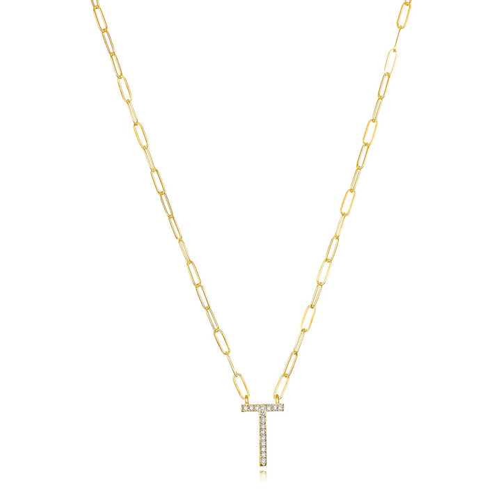 Grand Diamond Paperclip Initial Necklace-T