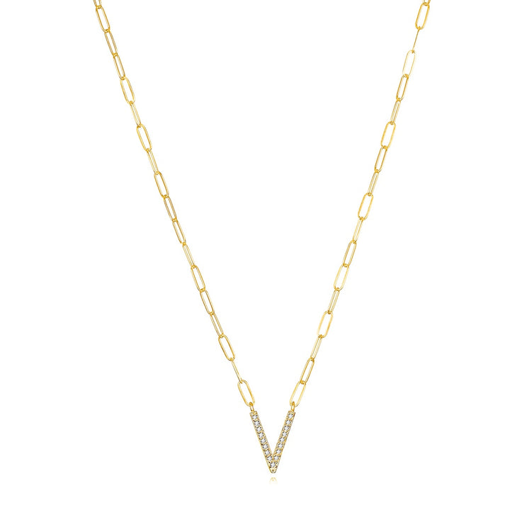 Grand Diamond Paperclip Initial Necklace-V