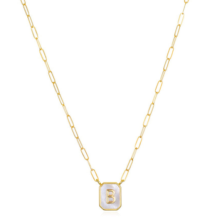 Mother of Pearl Paperclip Initial Necklace-B