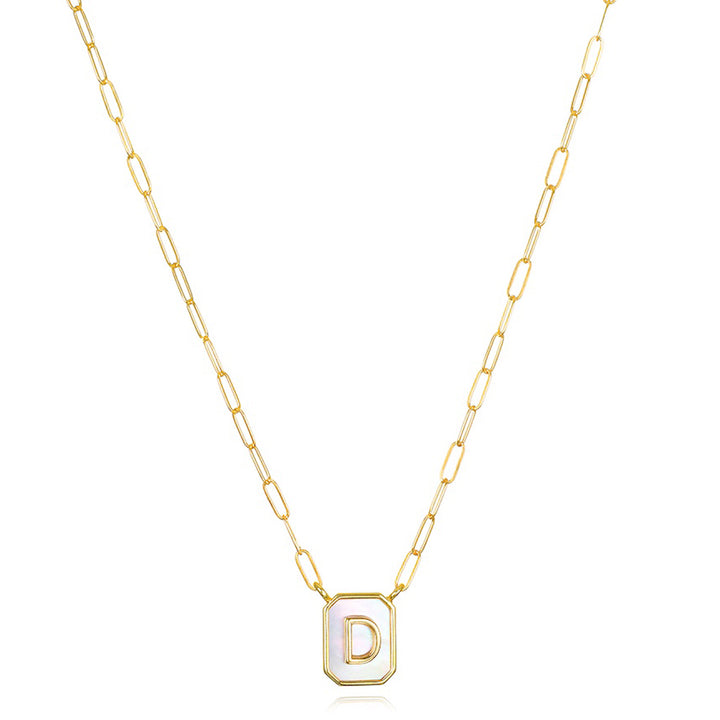 Mother of Pearl Paperclip Initial Necklace-D