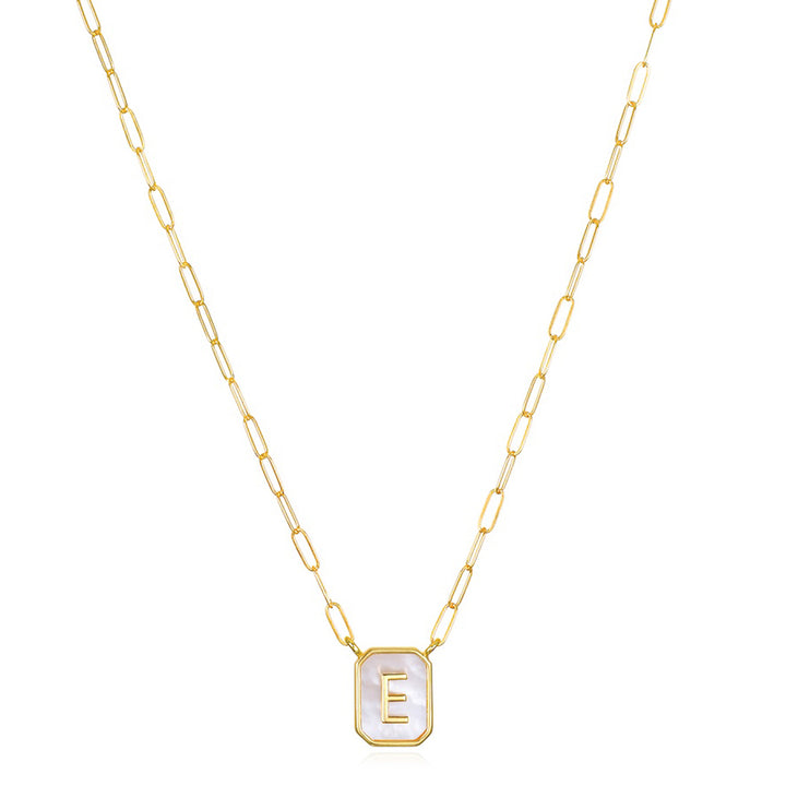 Mother of Pearl Paperclip Initial Necklace-E