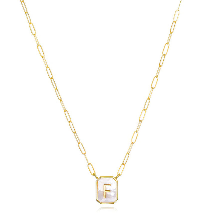 Mother of Pearl Paperclip Initial Necklace-F