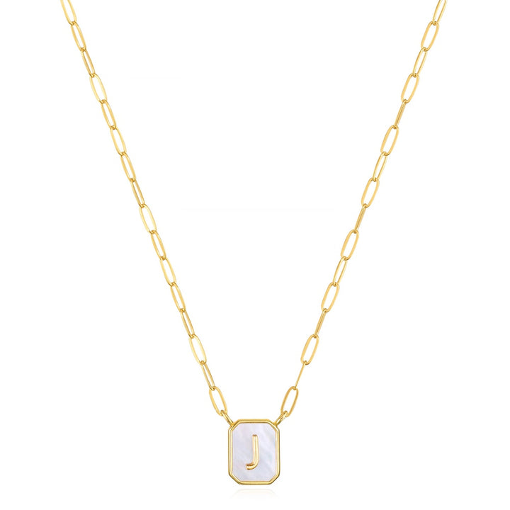 Mother of Pearl Paperclip Initial Necklace-J