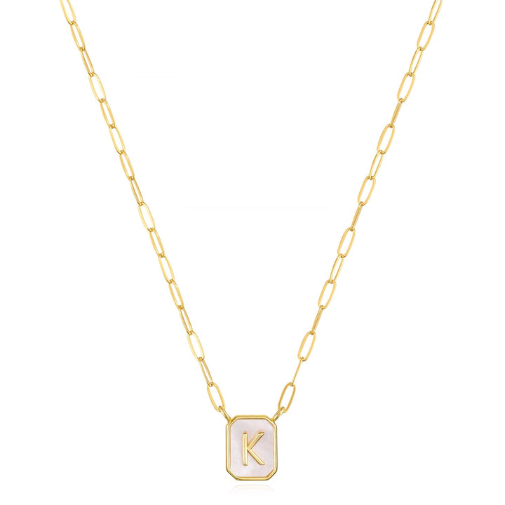 Mother of Pearl Paperclip Initial Necklace-K