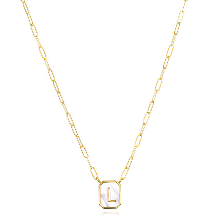 Mother of Pearl Paperclip Initial Necklace-L