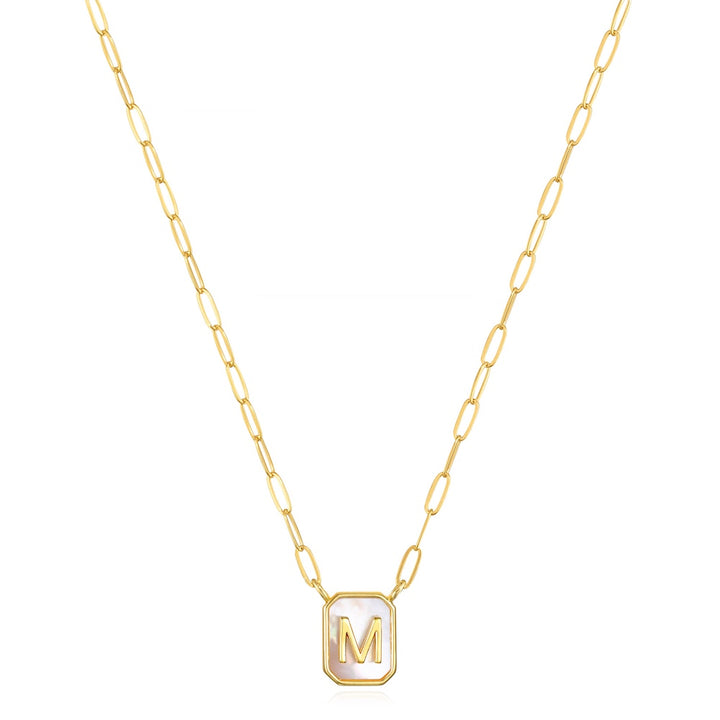 Mother of Pearl Paperclip Initial Necklace-M