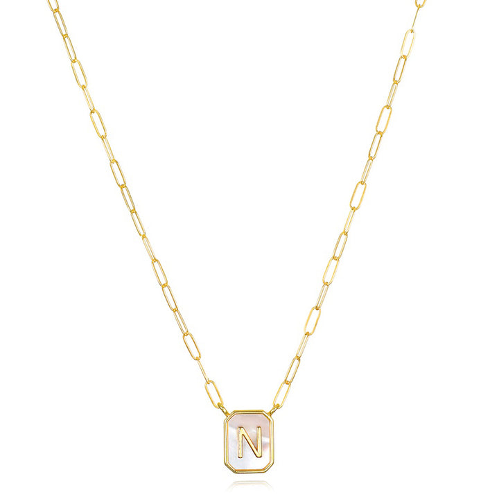 Mother of Pearl Paperclip Initial Necklace-N