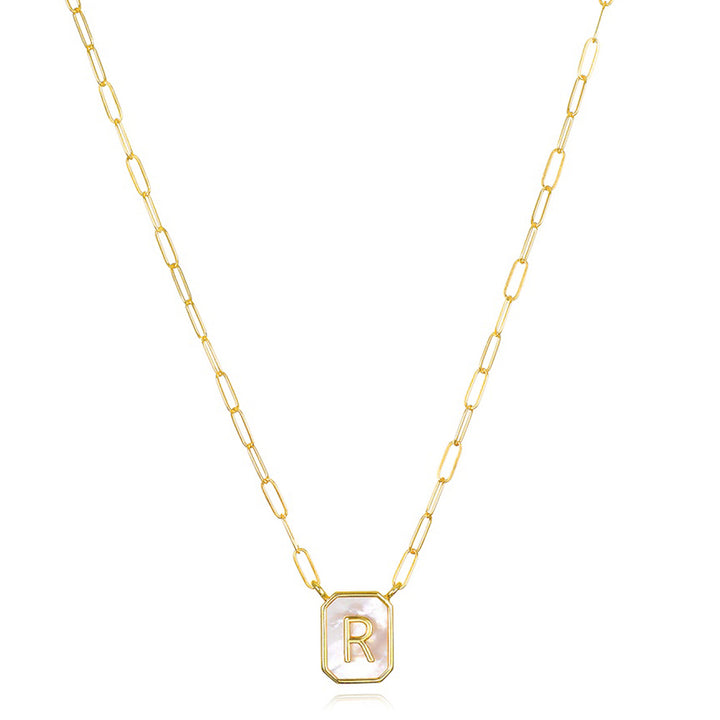 Mother of Pearl Paperclip Initial Necklace-R