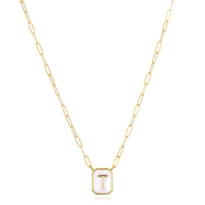 Mother of Pearl Paperclip Initial Necklace-T