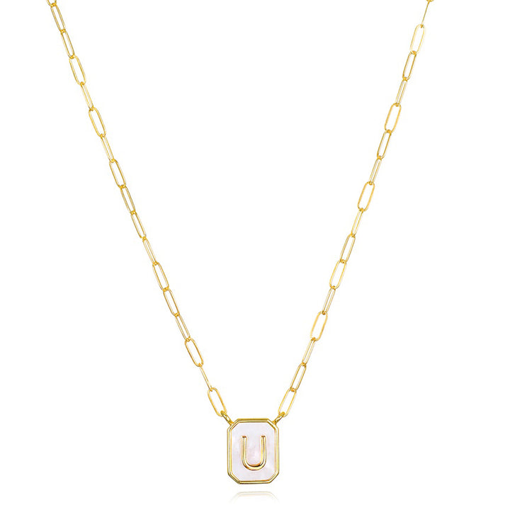 Mother of Pearl Paperclip Initial Necklace-U