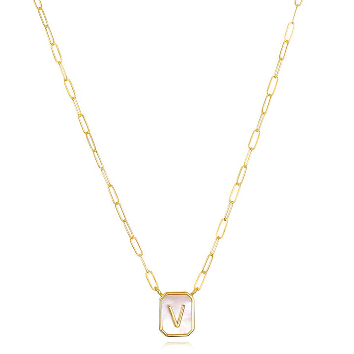 Mother of Pearl Paperclip Initial Necklace-V