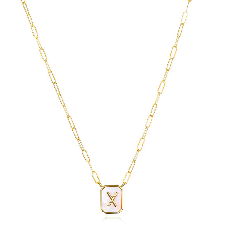 Mother of Pearl Paperclip Initial Necklace-X