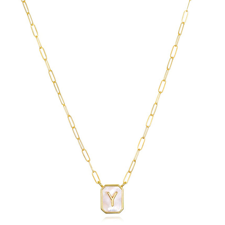 Mother of Pearl Paperclip Initial Necklace-Y